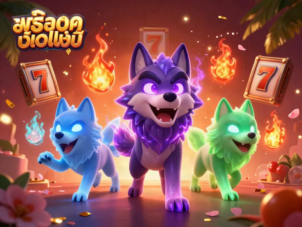 Experience captivating สล็อตออนไลน์ action with wolves revealing slot reels and vibrant casino elements.