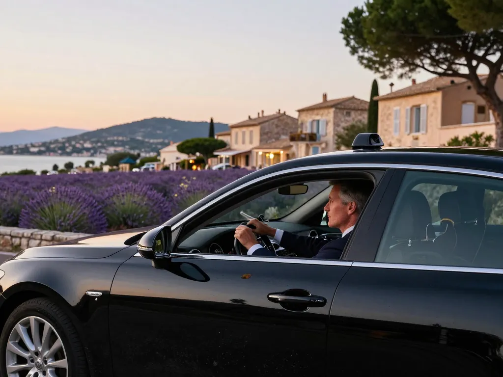 Promenade en taxi Saint Tropez avec un véhicule de luxe contre des vues côtières époustouflantes.