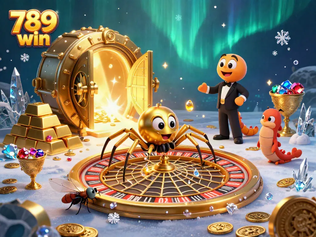 Engage in a thrilling 789 win experience with a lively 3D illustration of gold, gems, and excitement.