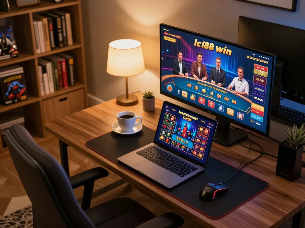 Experience lc88 win with an engaging at-home gaming setup featuring casino games on a laptop.