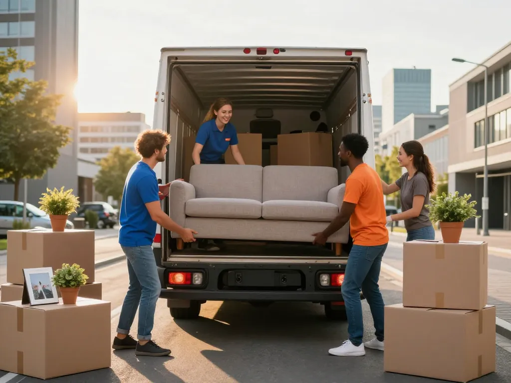 Engagiertes Team von Umzugsunternehmen Hannover packt effizient ein Sofa in einen Umzugswagen und vermittelt ein stressfreies Umzugserlebnis.
