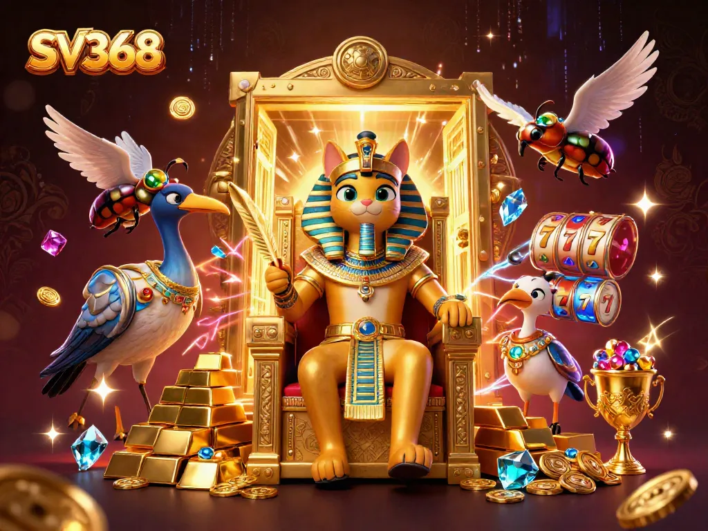 SV368 cat pharaoh and ibis scribe celebrating a winning slot jackpot in a richly detailed casino scene.