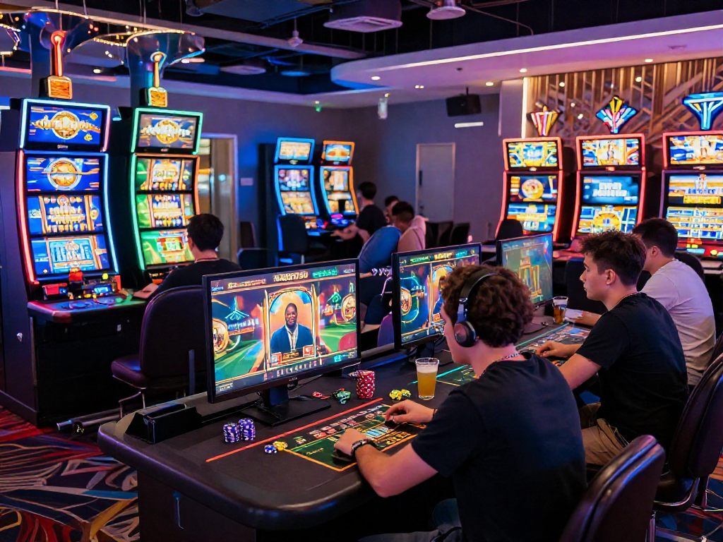 Un vivace casinò online esteri con giocatori coinvolti in giochi digitali e schermi luminosi.