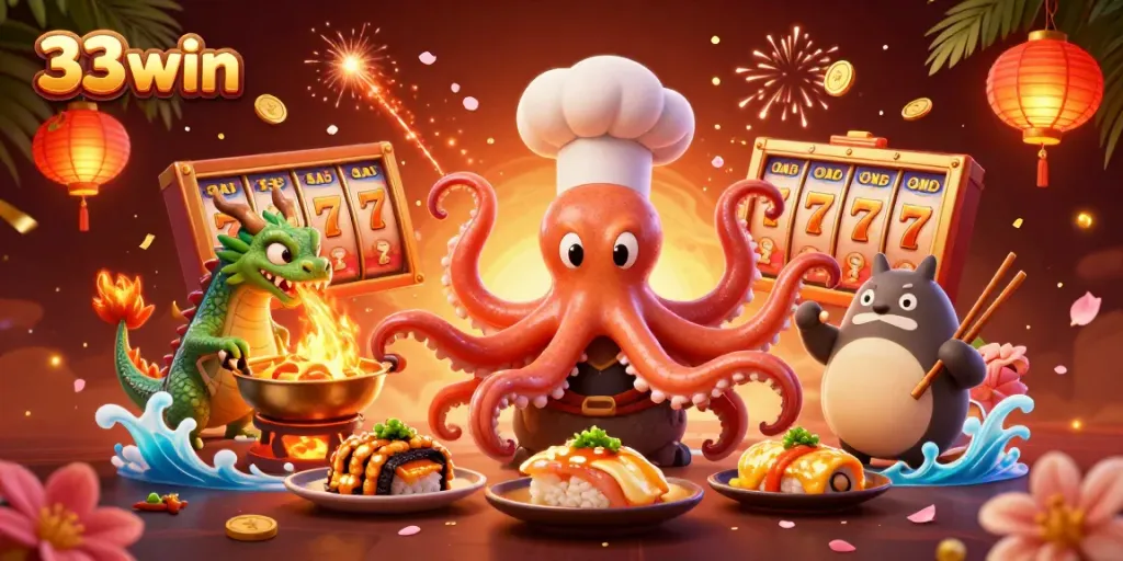 Experience thrilling gaming action with 33win as an octopus chef tantalizes players with golden slot dishes.