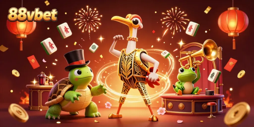 Engage in the excitement of 88vbet with colorful 3D characters celebrating at a vintage casino scene.