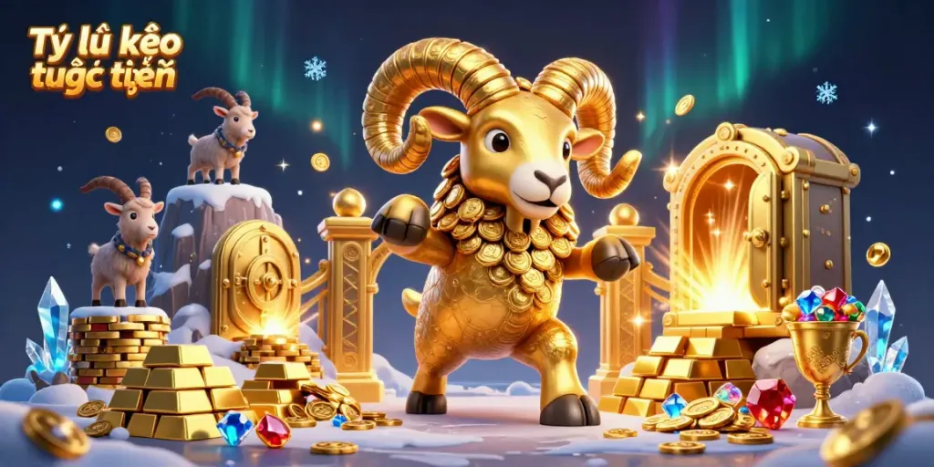 Capture the essence of Tỷ lệ kèo trực tuyến with a dynamic portrayal of a golden ram charging through a treasure vault.
