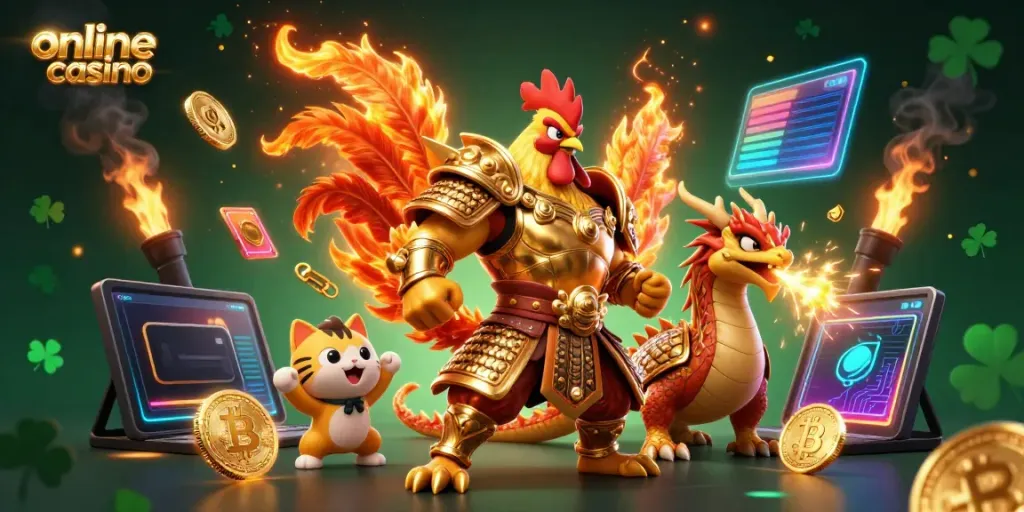 Experience the thrill of an online casino with vibrant characters and crypto elements.