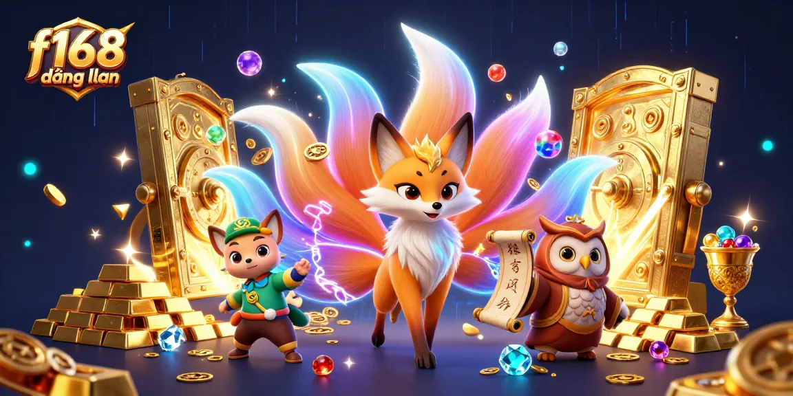 Experience thrilling f168 đăng nhập gaming with the nine-tailed fox spirit amidst gold treasures and colorful orbs.