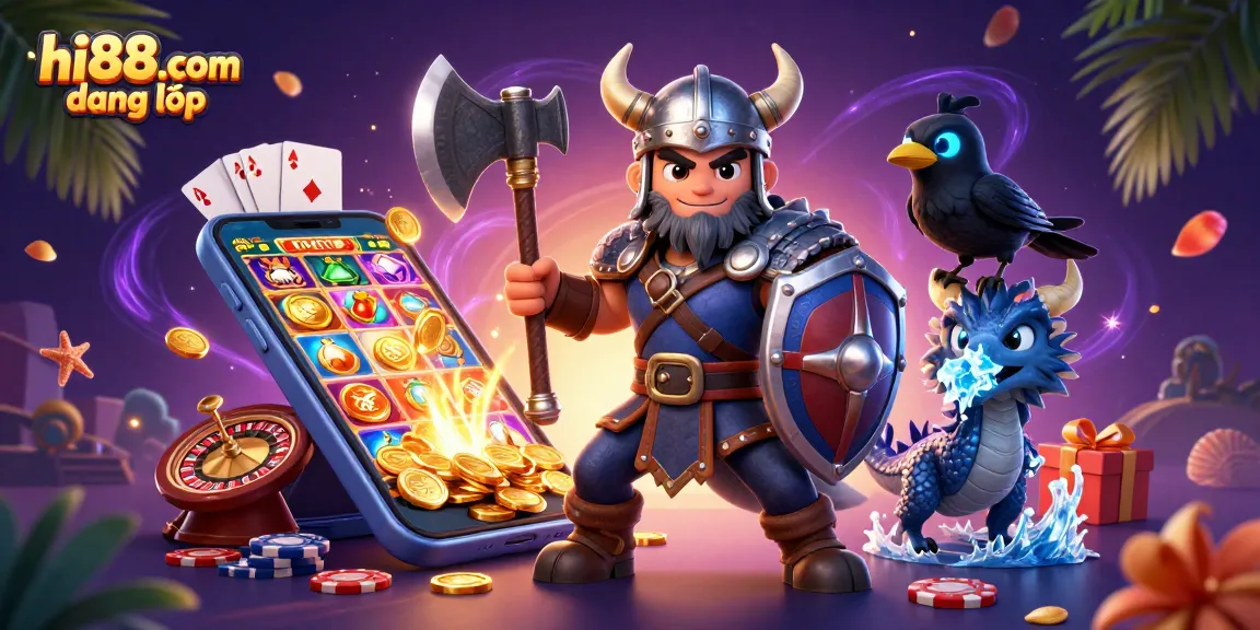 Engage with exciting spins on hi88.com đăng nhập, featuring a wolf warrior and dragon amidst dynamic casino games.