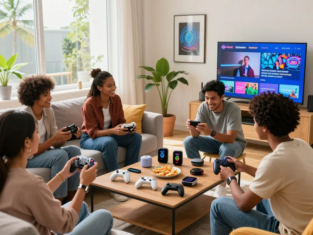 Friends exploring innovative tech gadgets in a cozy living room.