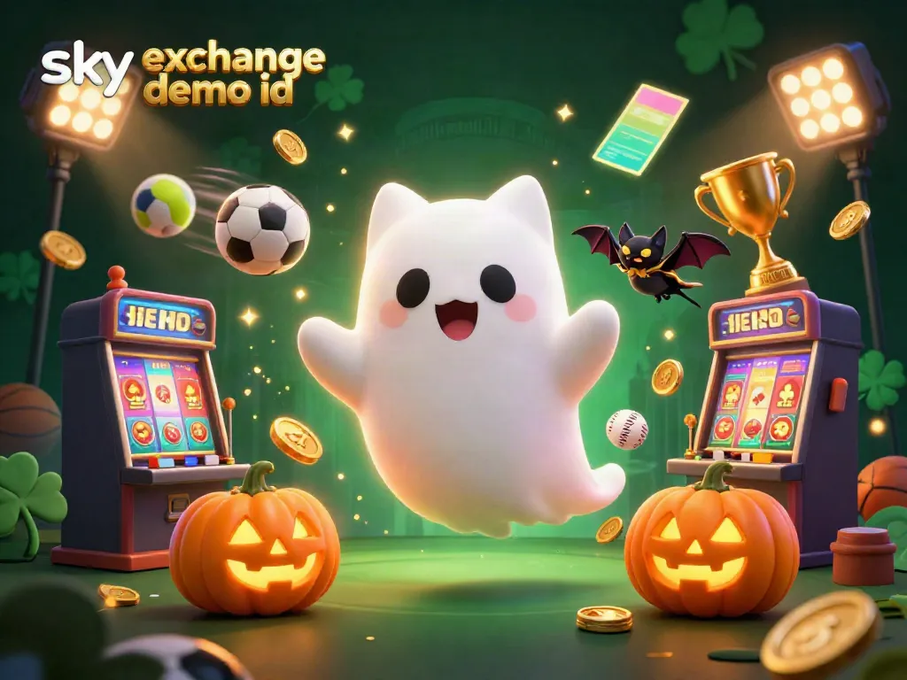 Engage with the sky exchange demo id, floating casino characters amidst vibrant sports elements and glowing effects.