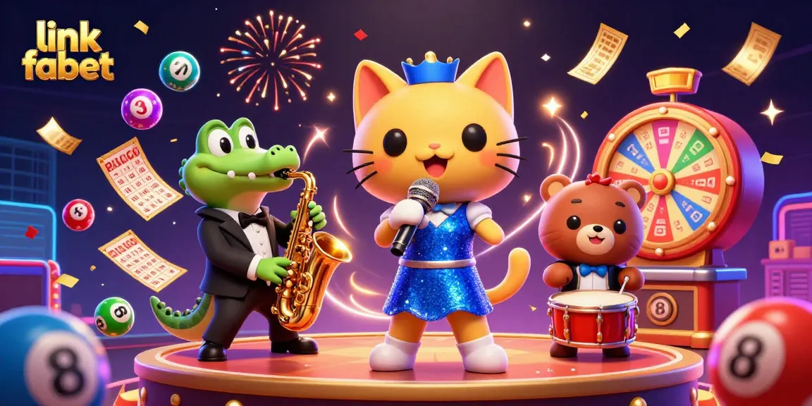 Engage with the fun-filled 'link fabet' lottery scene featuring vibrant characters and game elements.