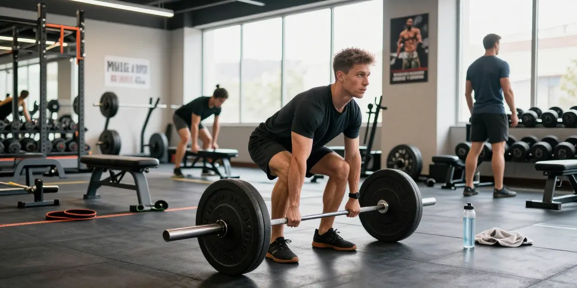 Anabolika Shop Deutschland zeigt einen muskulösen Athleten, der Gewichte in einer lebhaften Fitnessumgebung hebt und Fitnessengagement verkörpert.