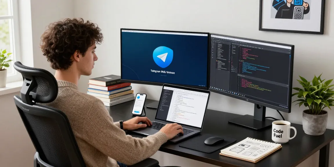 Engaging workspace featuring the Telegram Web Version with an engineer working on code, coffee, and tech visuals.