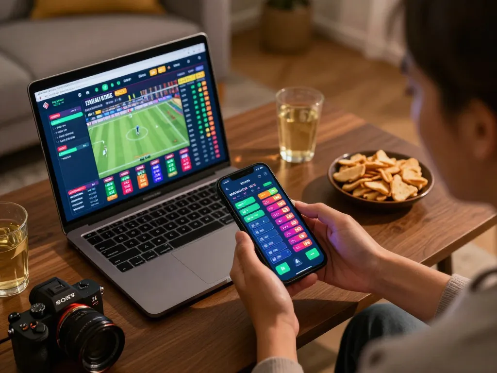 Engaging with llwin's online betting interface while enjoying a casual living room atmosphere