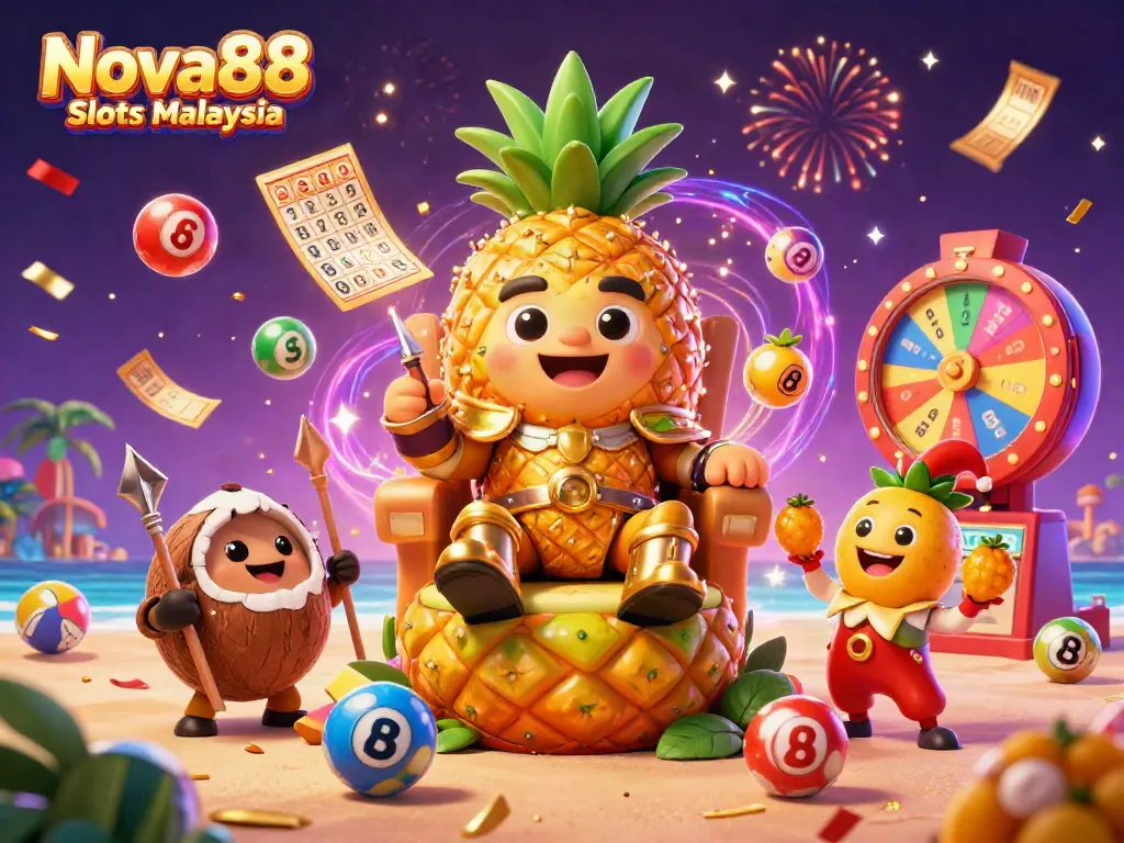 Engage with thrilling gameplay at Nova88 Slots Malaysia, featuring vibrant 3D characters and casino elements.