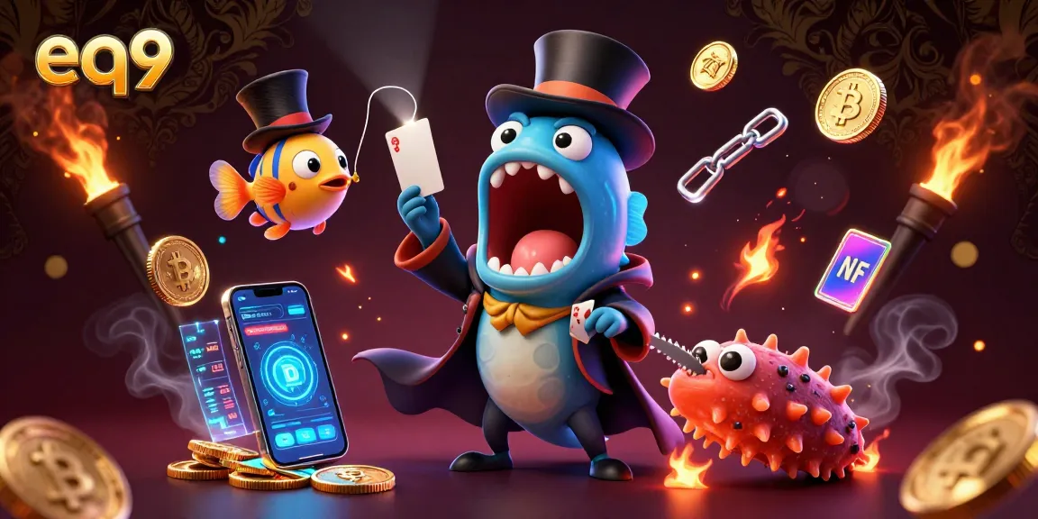 Experience the excitement with eq9 at a vibrant casino scene featuring magical characters and crypto elements.