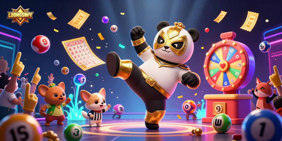 LUONGSONTV features a panda wrestler and animal crowd in a dynamic lottery scene full of vibrant game elements.