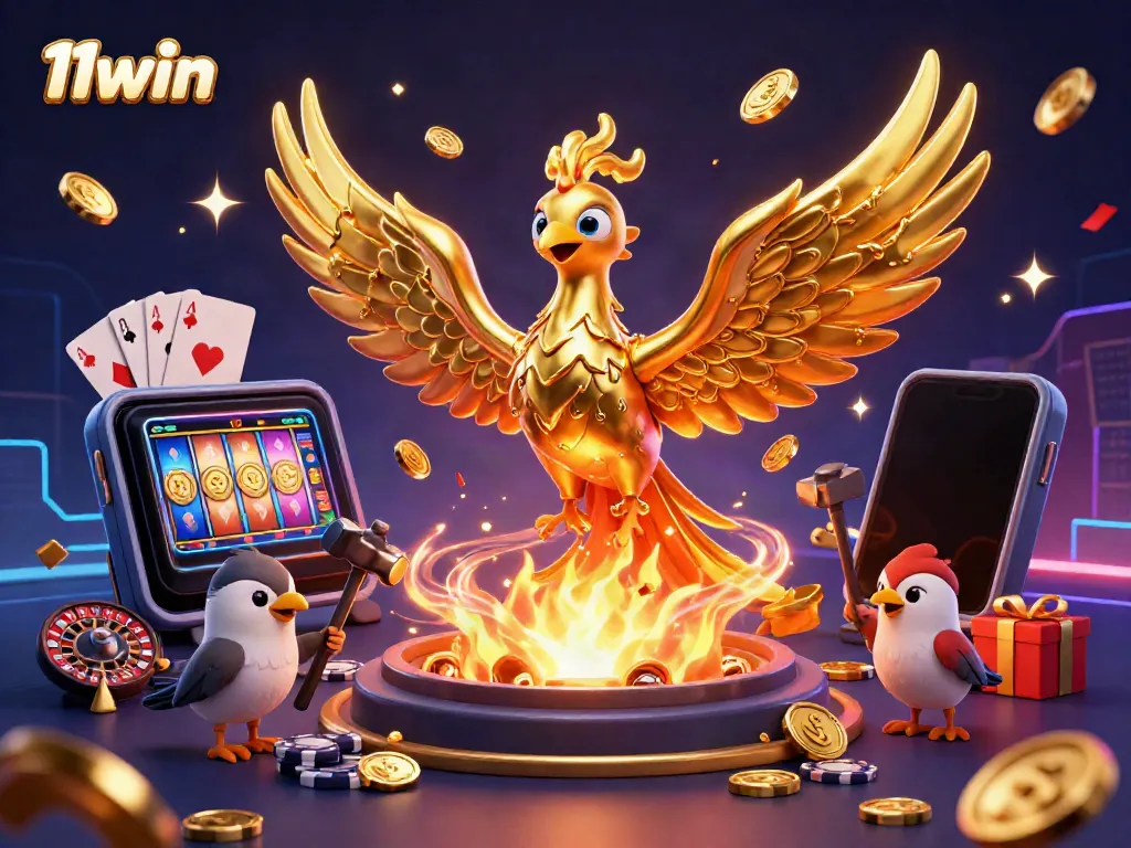Experience thrilling wins at 11win as molten gold coins rain from a phoenix in a vibrant casino setting.