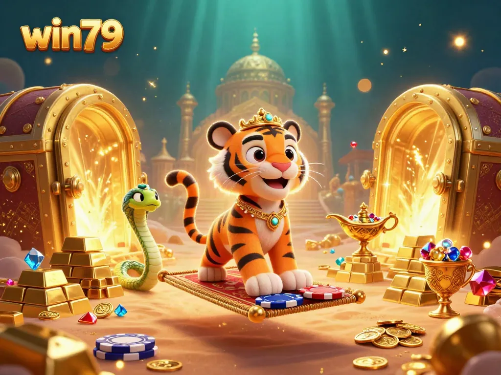 Win79 engages players with exciting games, featuring a tiger sultan on a poker chip carpet in a magical treasure scene.