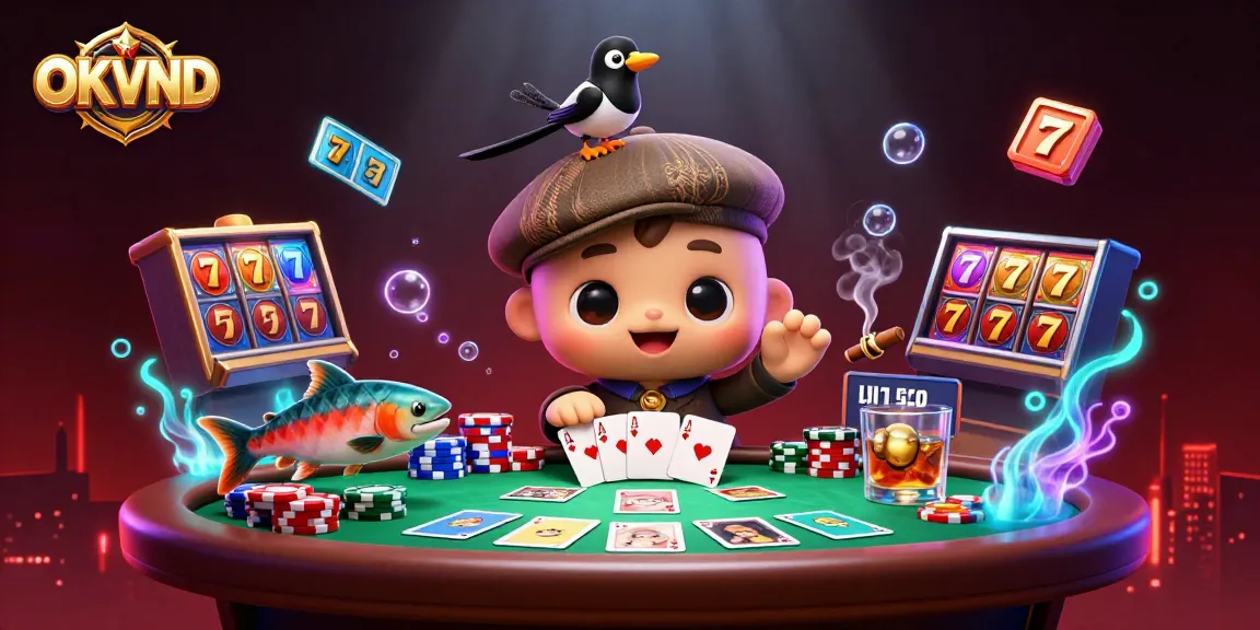 Engage in thrilling poker action with OKVND in a vibrant 3D casino scene featuring charming characters.