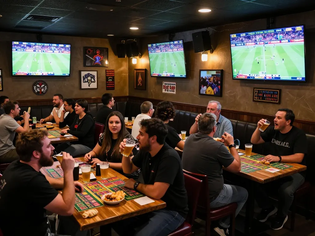 Fans celebrating and placing bets at a sports bar with keonhacaii providing live betting odds
