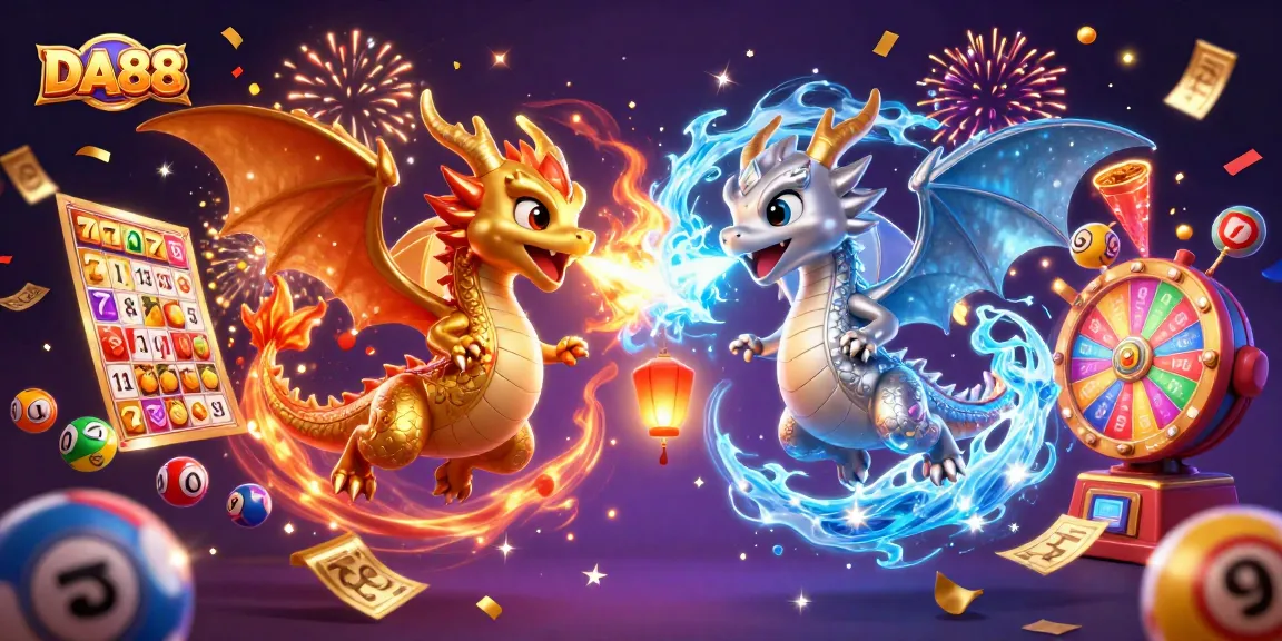 Engage in exciting gameplay with DA88 featuring twin dragons in a thrilling casino scene.