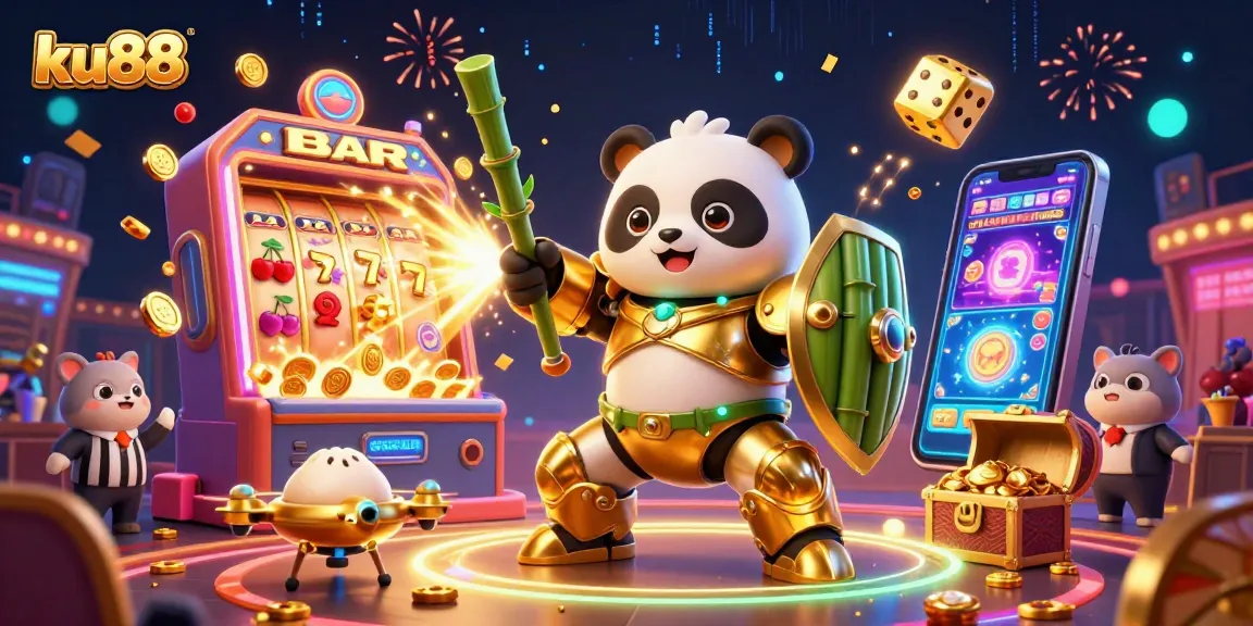 Experience the thrill of ku88 with a vibrant casino scene featuring a golden panda robot and jackpot elements.