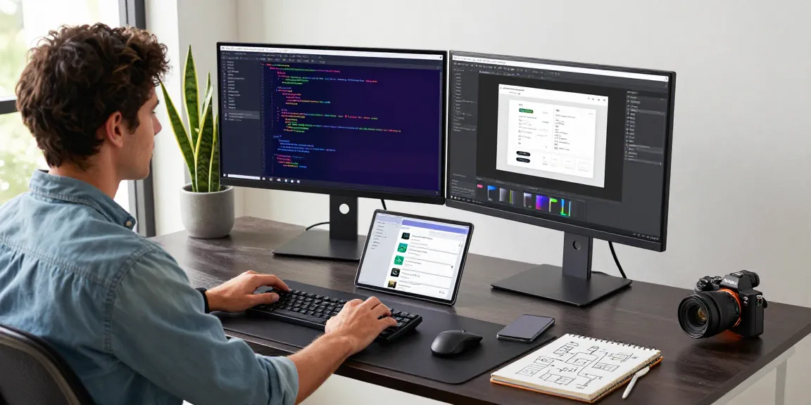 快连 software development workspace with monitors showing code, laptop design, and tech tools for enhancing online connectivity.