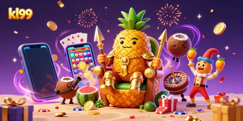 Engage with the vibrant kl99 casino scene featuring a playful pineapple king and lively gaming elements.