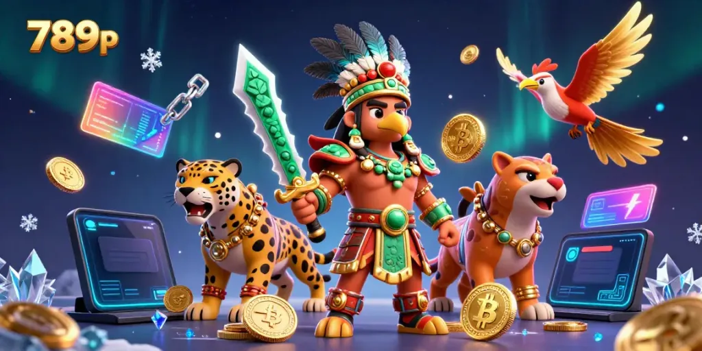 Engage in thrilling 789p casino gaming with vibrant Aztec warrior scene rich in crypto elements.