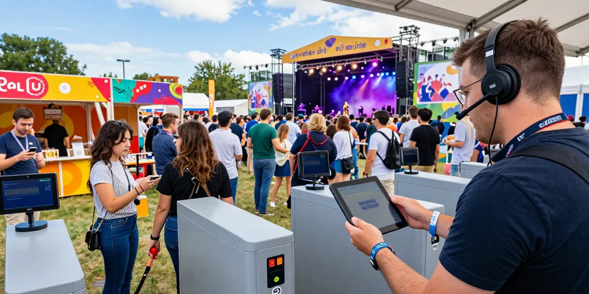 Efficient control de acceso con pulsera electrónica at a vibrant festival event, with guests scanning wristbands seamlessly.