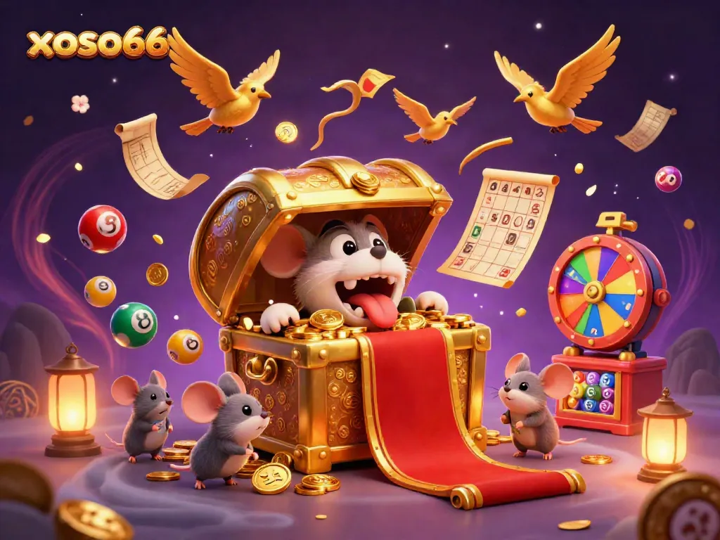 Experience the thrill of xoso66 with colorful lottery elements and a whimsical treasure chest scene.
