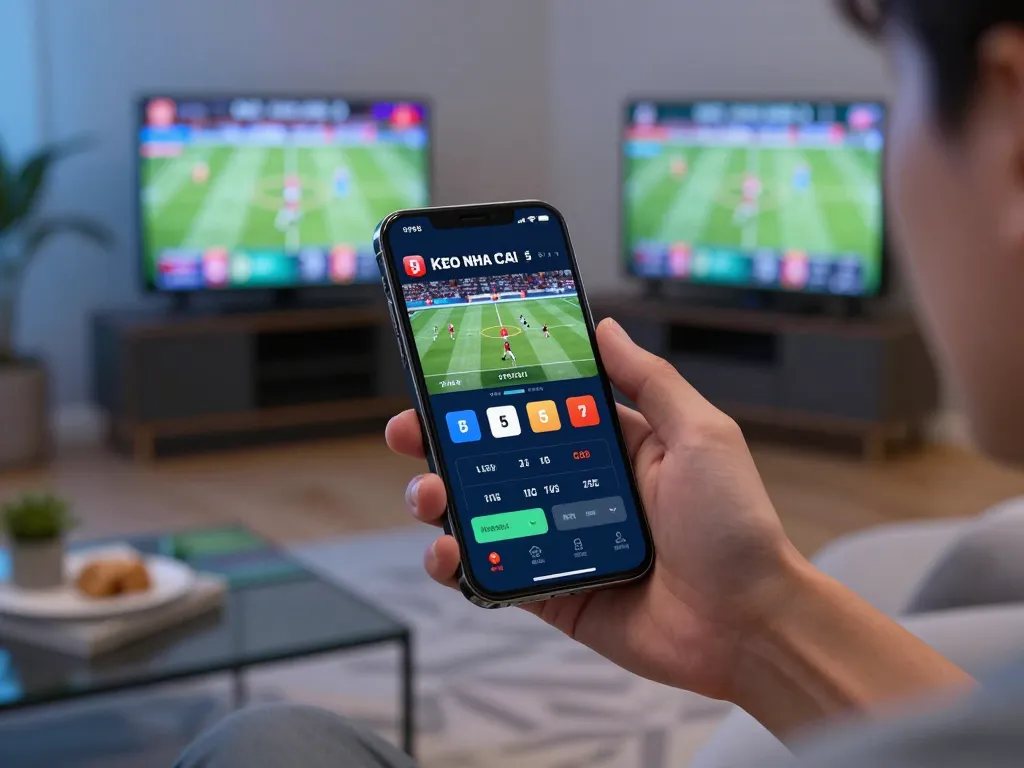 Engaging with Keo Nha Cai 5 sports betting app on smartphone in a cozy home setting