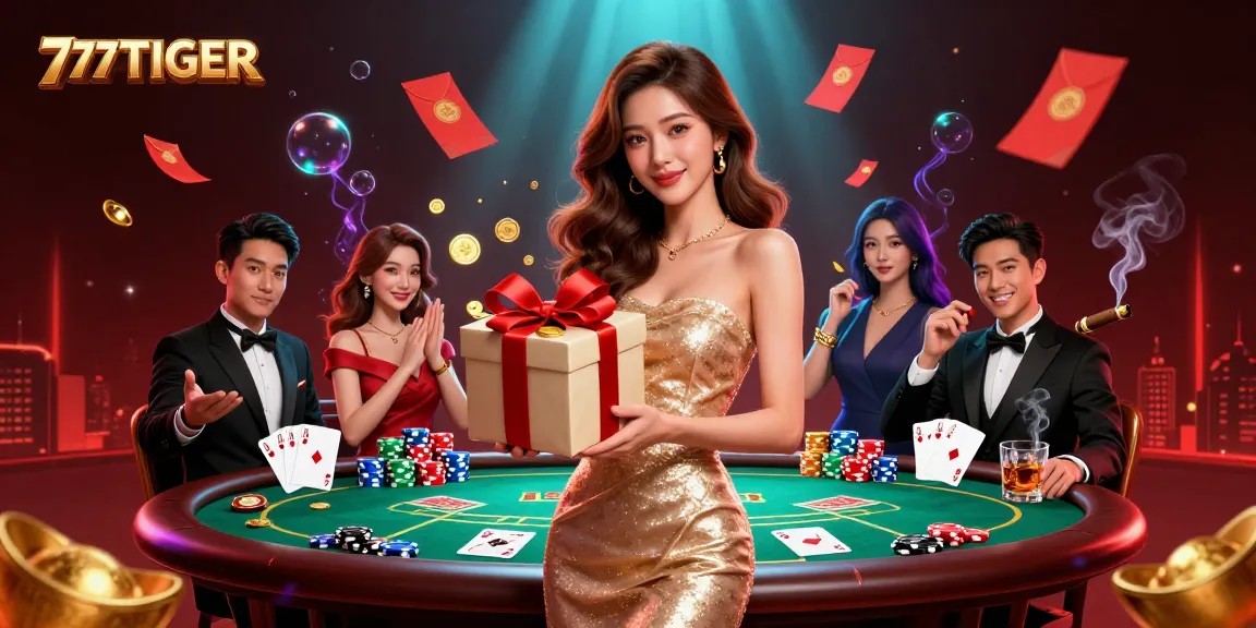 Experience 777TIGER's exciting casino atmosphere featuring an Asian woman with golden coins and poker elements.