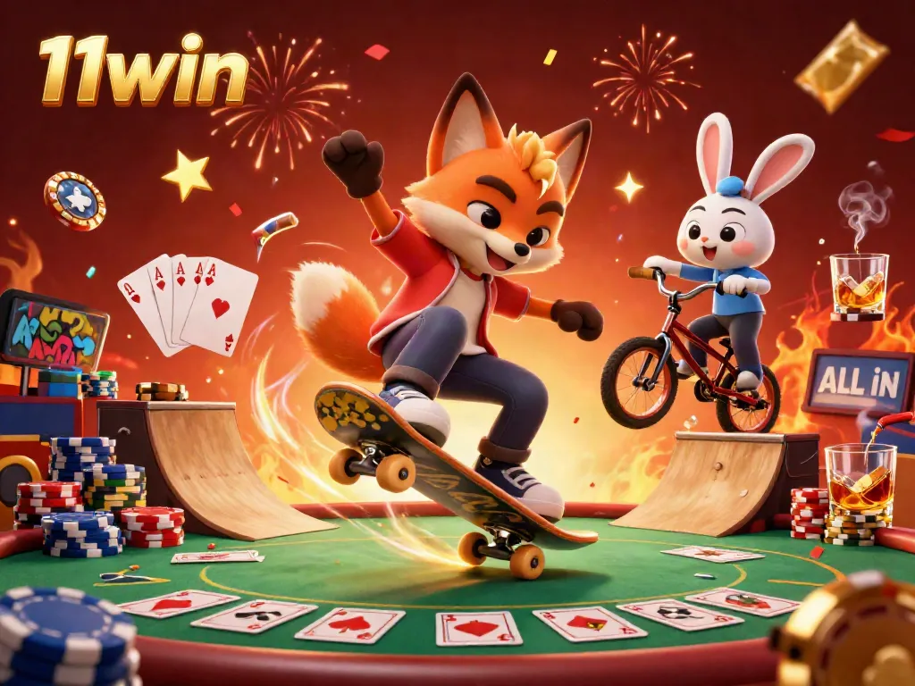 Experience the excitement of 11win casino with a vibrant scene of cartoon characters and poker elements.