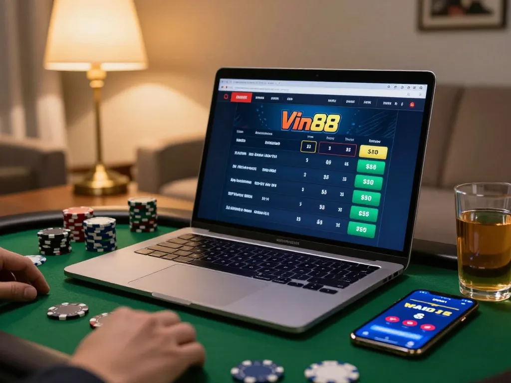 Player engaging with Vin88 on a laptop while managing bets with a smartphone in a cozy living room.