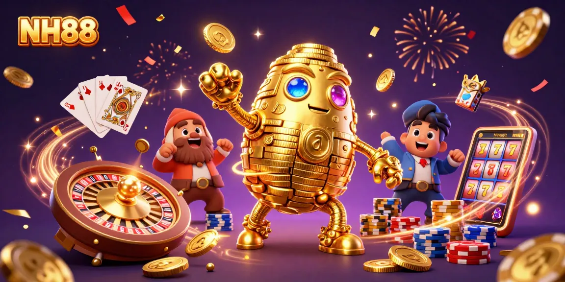 Experience the excitement of NH88 with a dazzling 3D casino scene featuring a golden golem and dynamic gaming elements.