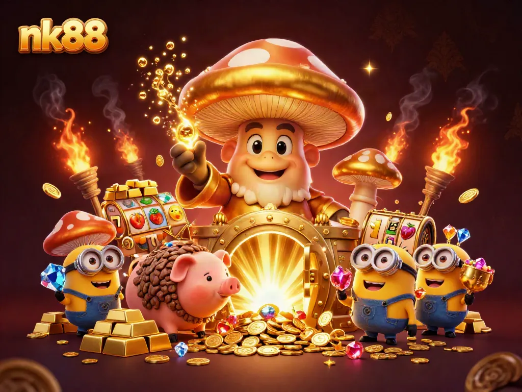 Engage in thrilling gameplay with nk88's vibrant slot reels and treasure-filled fantasy scene.
