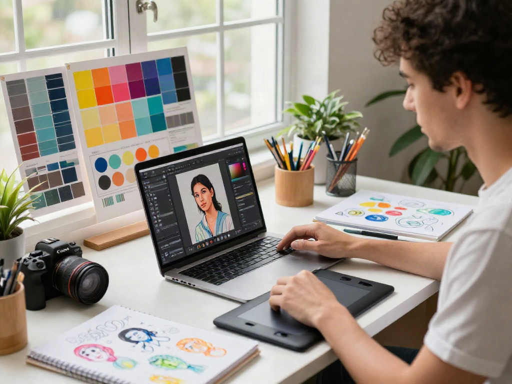AI image editor used by a graphic designer enhancing digital art in a vibrant creative studio.