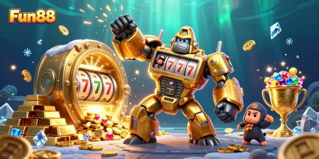 Experience Fun88 with a dynamic golden gorilla mech and treasure in an exciting online casino scene.