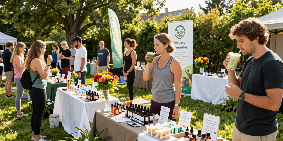 Ministry of Cannabis promoting organic CBD products at a vibrant wellness festival, featuring tinctures and smoothies.