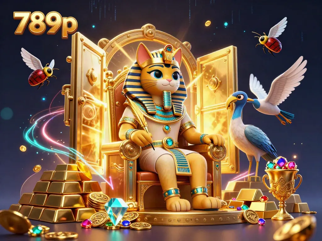 Enter the exciting world of 789p with a vibrant 3D casino scene of a pharaoh cat amidst treasures.