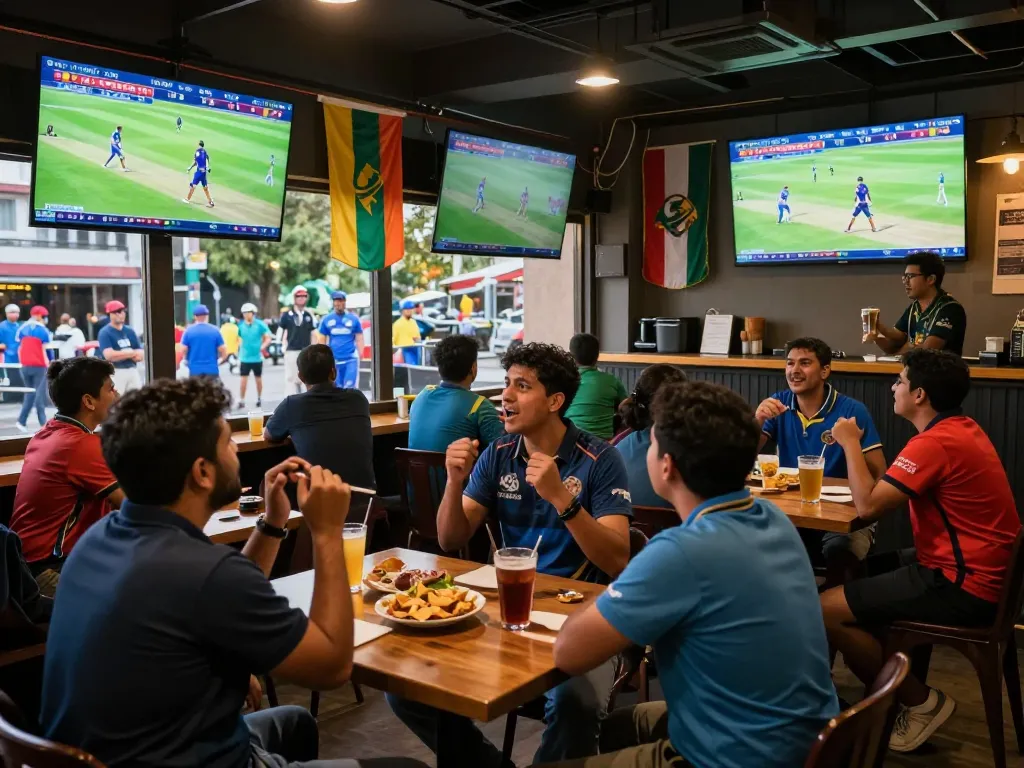Fans discussing cricket team rankings at a lively sports bar during a live match.