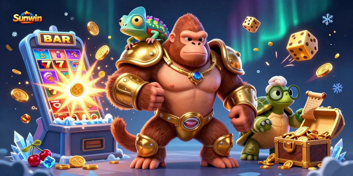 Experience big wins with Sunwin as a 3D gorilla king clashes in a vibrant casino adventure.