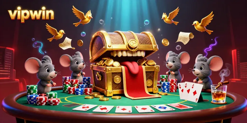Exciting scene illustrating the vipwin casino adventure, featuring animated treasures and poker elements.