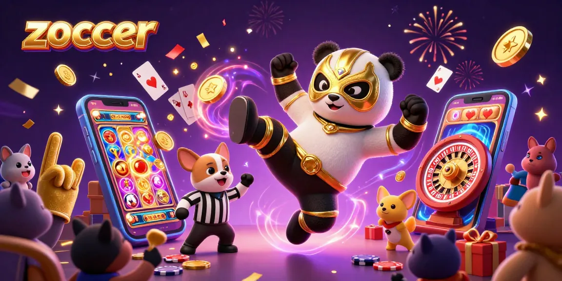 Zoccer casino scene showcasing a panda wrestler kicking, with dynamic casino elements and cheering animal crowd.