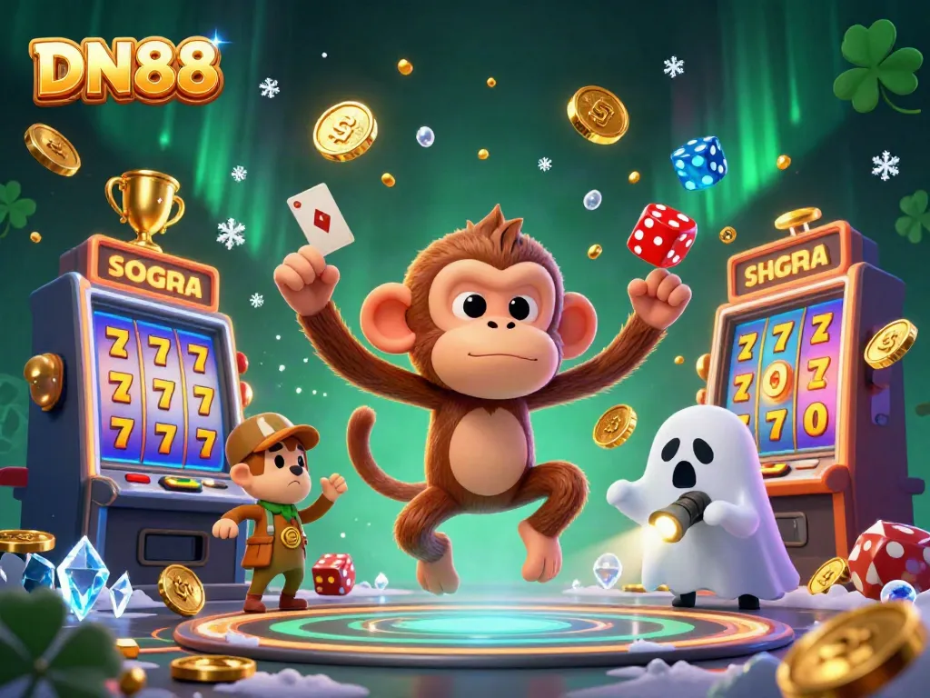 Engage with DN88's exciting slots experience featuring a poltergeist monkey and ghost-hunter puppy in a haunted casino.