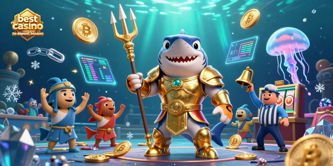 Celebrate winning with best casino no deposit bonuses in a vibrant underwater colosseum scene.