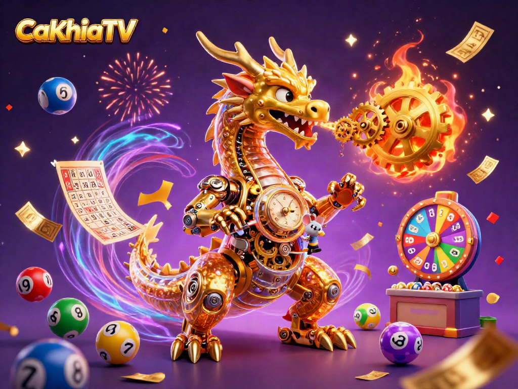 Engage in exciting lottery activities with CaKhiaTV featuring colorful balls and dynamic illustrations.